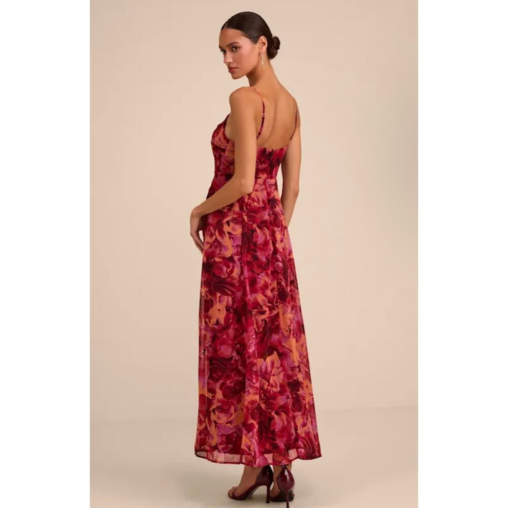 Lulus Beautiful Soul Burgundy Floral Print Twist-Front Maxi Dress S - Picture 3 of 10